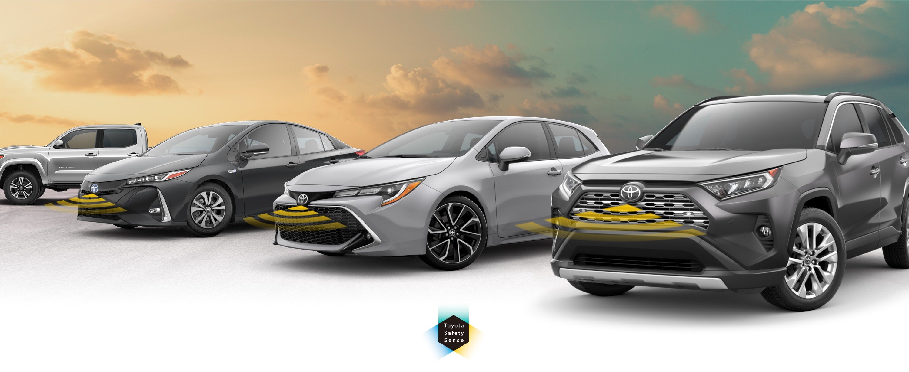 Toyota Safety Sense: Designed for Safety. Options shown on Toyota models including RAV4, Tacoma, and Camry, available now at Earnhardt Toyota in Mesa AZ.