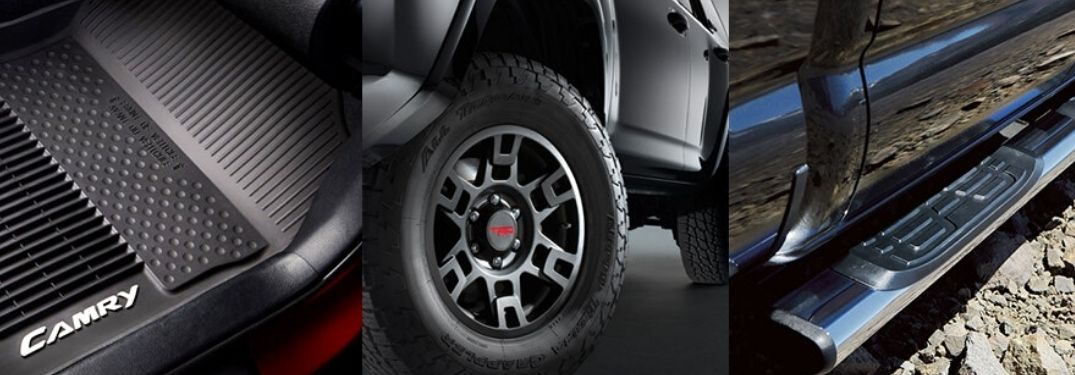 Collage of Toyota Accessories - Toyota Camry Floor Mats, TRD Wheels and Toyota Truck Tube Steps