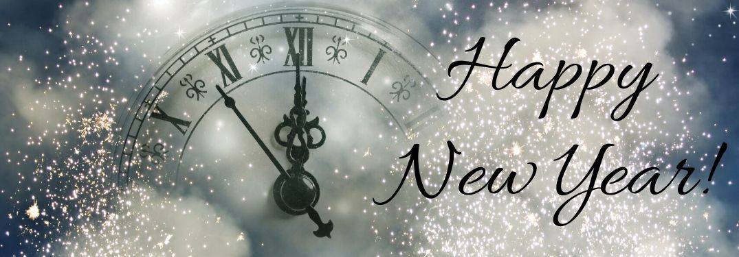 Silver Background with Clock Striking Midnight and Black Happy New Year! Text