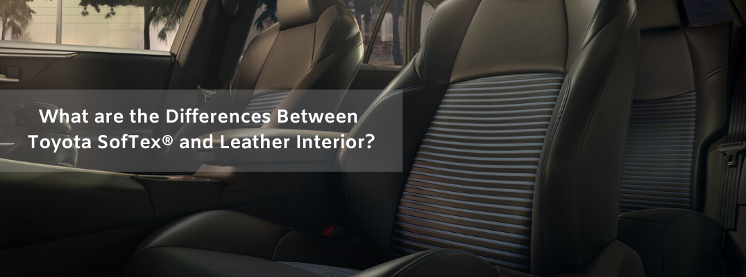 Interior view of 2019 Toyota RAV4 with "What are the Differences Between Toyota SofTex® and Leather Interior?" white overlay text