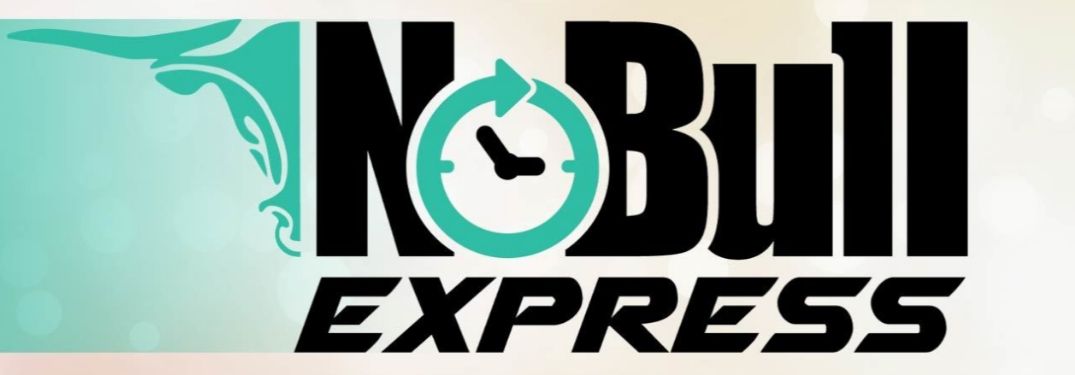 Teal Bull Head with Black No Bull Express Text and Clock Face in Place of O