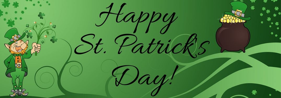 Cartoon Pot of Gold and Leprechaun on a Green Background with Black Happy St. Patrick's Day Text