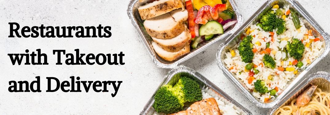 Takeout Food Containers on a Table with Black Restaurants with Takeout and Delivery Text