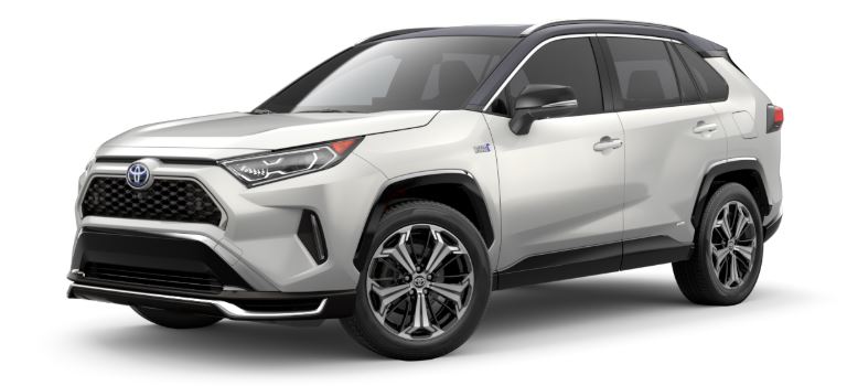 Blizzard Pearl 2021 Toyota RAV4 Prime with Midnight Black Metallic Roof Panel on White Background