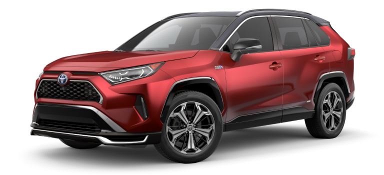 Supersonic Red 2021 Toyota RAV4 Prime with Midnight Black Metallic Roof Panel on White Background