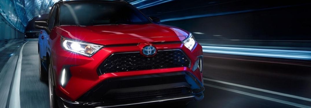 Red 2021 Toyota RAV4 Prime Front Exterior in a Tunnel