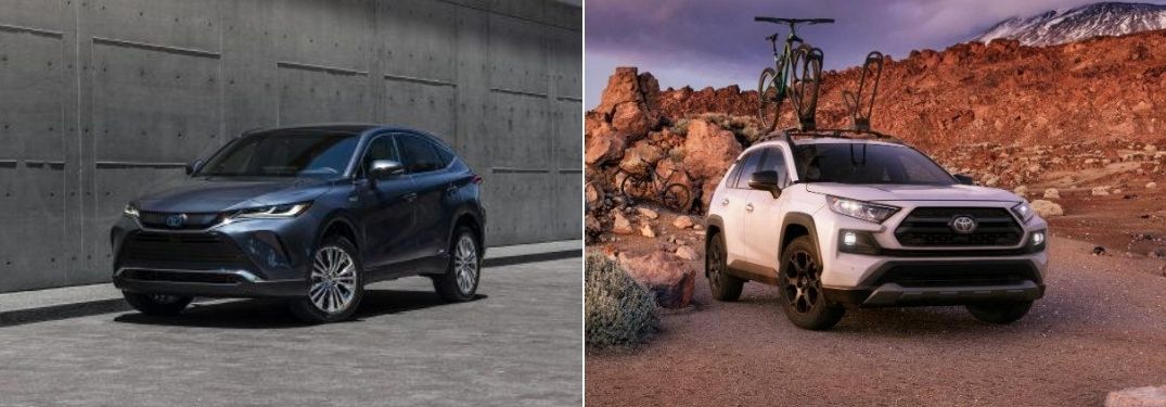 Blue 2021 Toyota Venza Front Exterior in Parking Lot vs White 2020 Toyota RAV4 TRD Off Road on a Trail