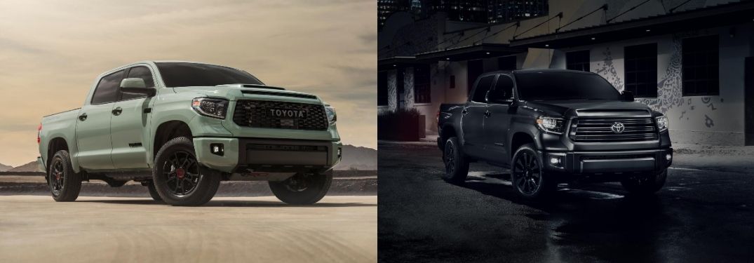 Gray 2021 Toyota Tundra TRD Pro Front Exterior in Desert vs Gray 2021 Toyota Tundra Nightshade Edition on a City Street at Night