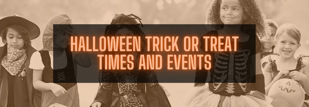 Kids Trick or Treating with Black Text Box and Orange Halloween Trick or Treat Times and Events Text