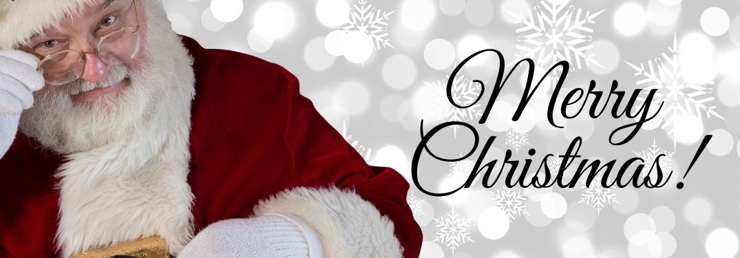 Santa Claus on Winter Background with Black Merry Christmas Text