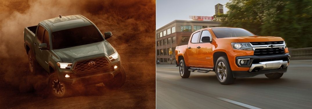 Green 2021 Toyota Tacoma in a Dust Cloud vs Orange 2021 Chevy Colorado on a City Street