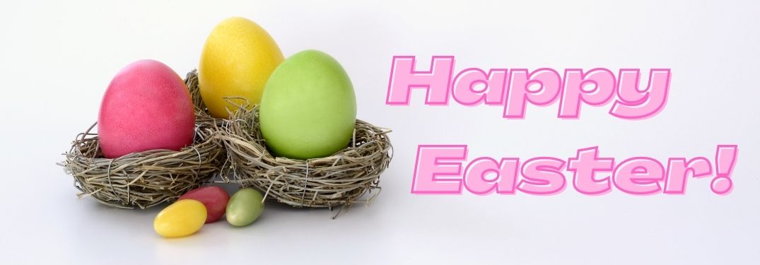 Easter Eggs in Nests on White Background with Pink Happy Easter Text