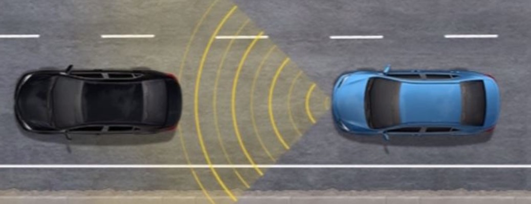 Animated visual of a black-colored vehicle and a blue-colored vehicle with a radar sensor in between