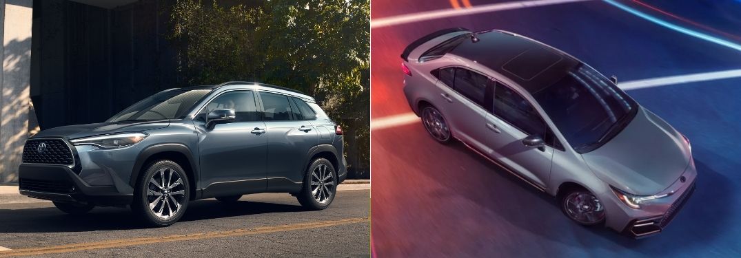 Blue 2022 Toyota Corolla Front Exterior on a City Street vs Overhead View of Silver 2022 Toyota Corolla Sedan on City Street
