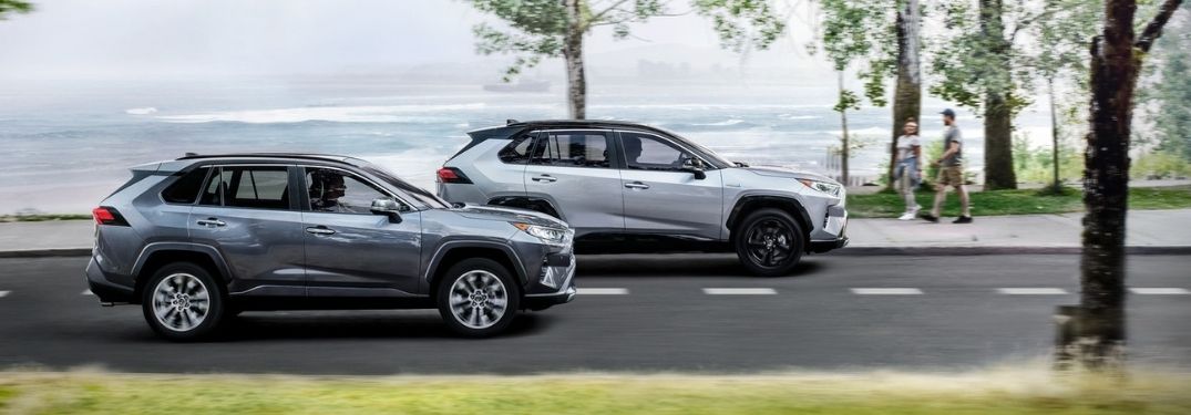 Blue and White 2021 Toyota RAV4 Models on a Coast Road