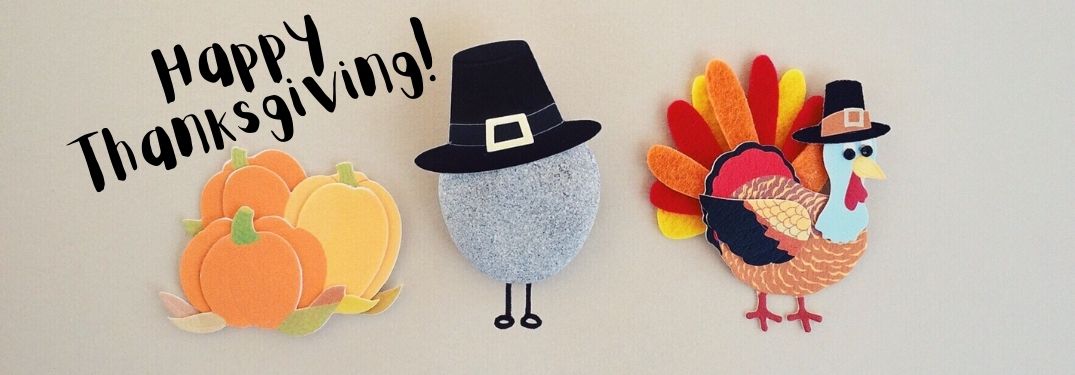 Pumpkin, Pilgrim and Turkey Caricatures on Gray Background with Black Happy Thanksgiving Text