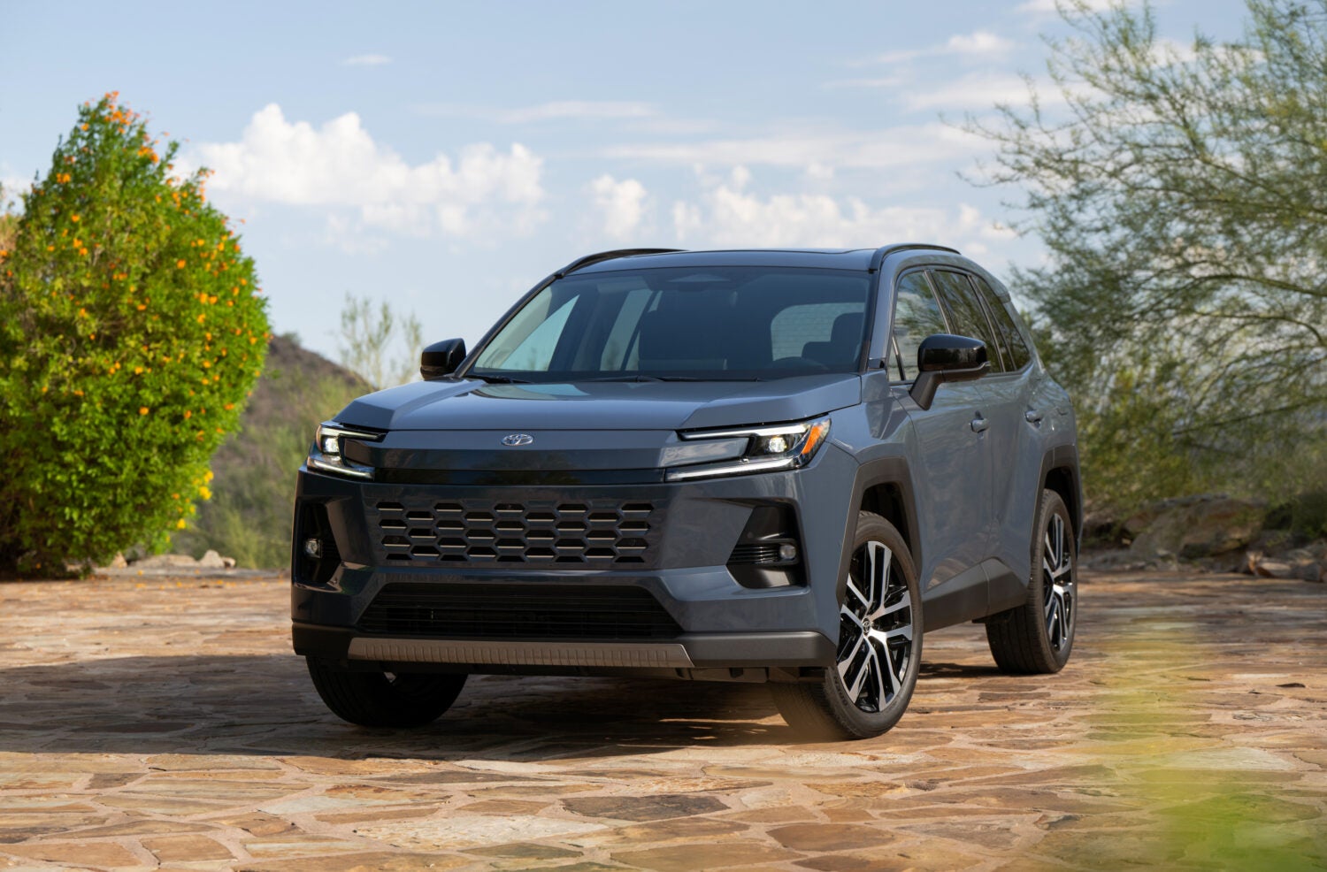 A grey new Toyota Rav4 Woodland in Phoenix is parked facing the viewer to the left on a stone-tiled driveway surrounded by desert plants.